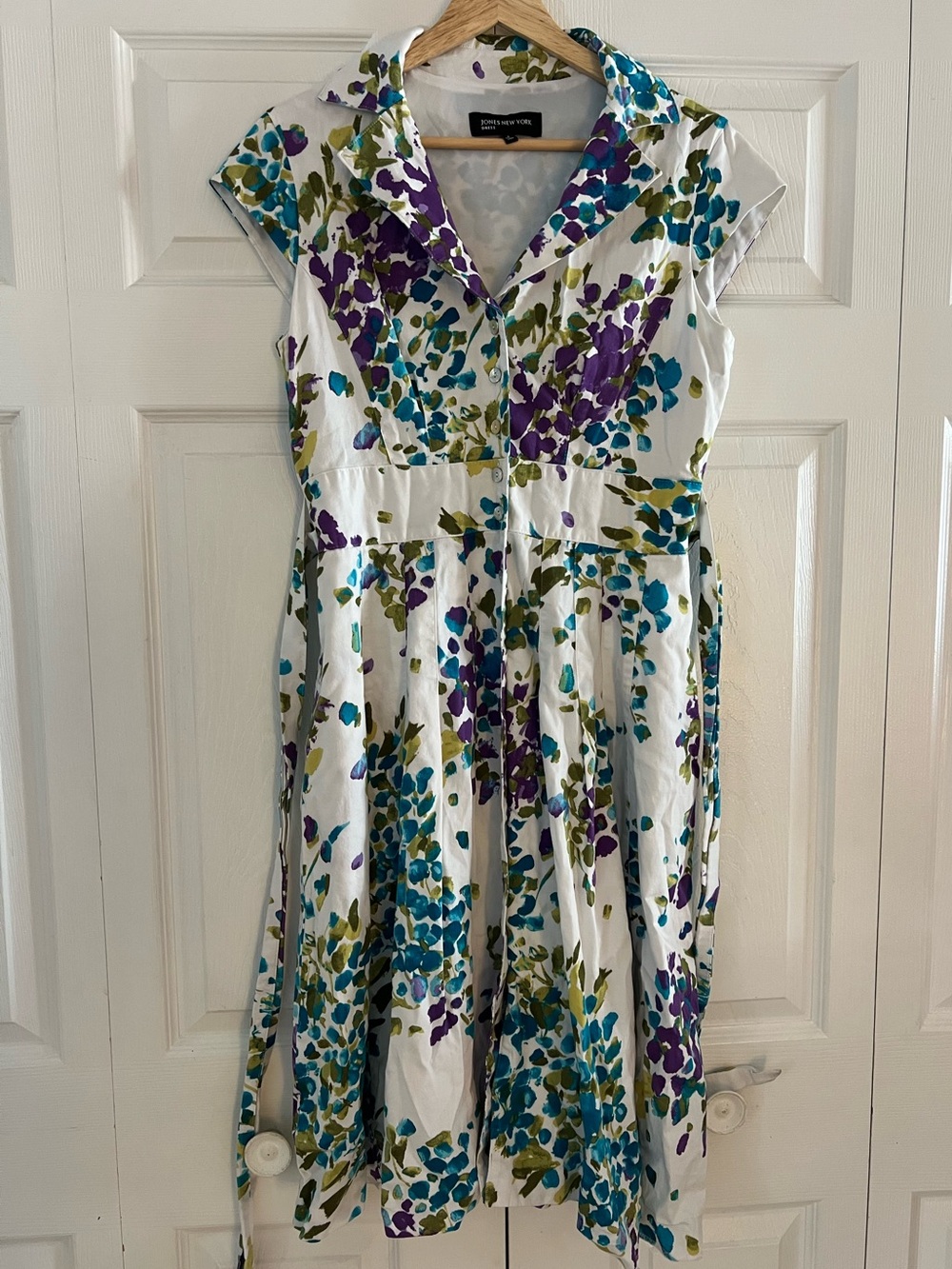 Jones New York White Midi Shirt Dress with Teal and Purple Floral Print - Picture 4 of 7